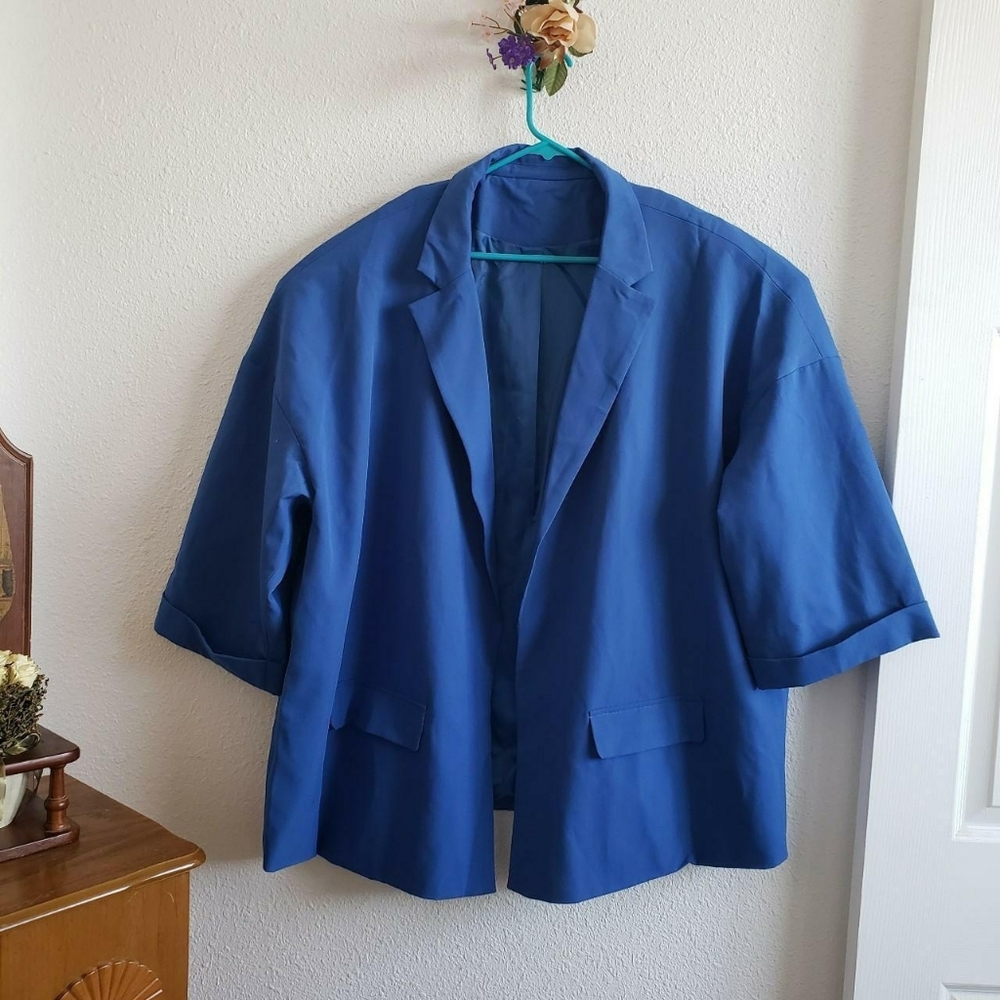 NWOT Women Plus Open Front Royal Blue 4/5 Sleeve Blazer